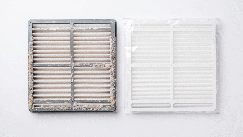 Clogged dirty AC air filter next to a new clean replacement filter
