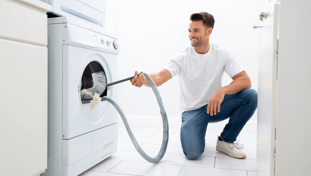Homeowner cleaning a dryer vent duct with a long brush to prevent fire hazard