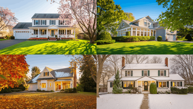 American home shown across all four seasons — spring, summer, fall, and winter