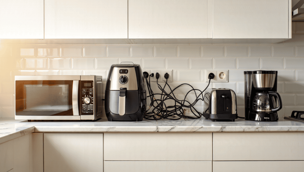 Kitchen with multiple high-wattage appliances plugged into the same circuit