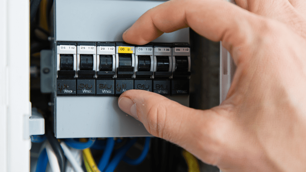 Close-up of a tripped circuit breaker switch in the middle position inside an electrical panel
