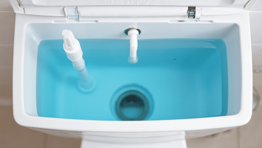 Inside of a toilet tank showing the fill valve, overflow tube, and flapper