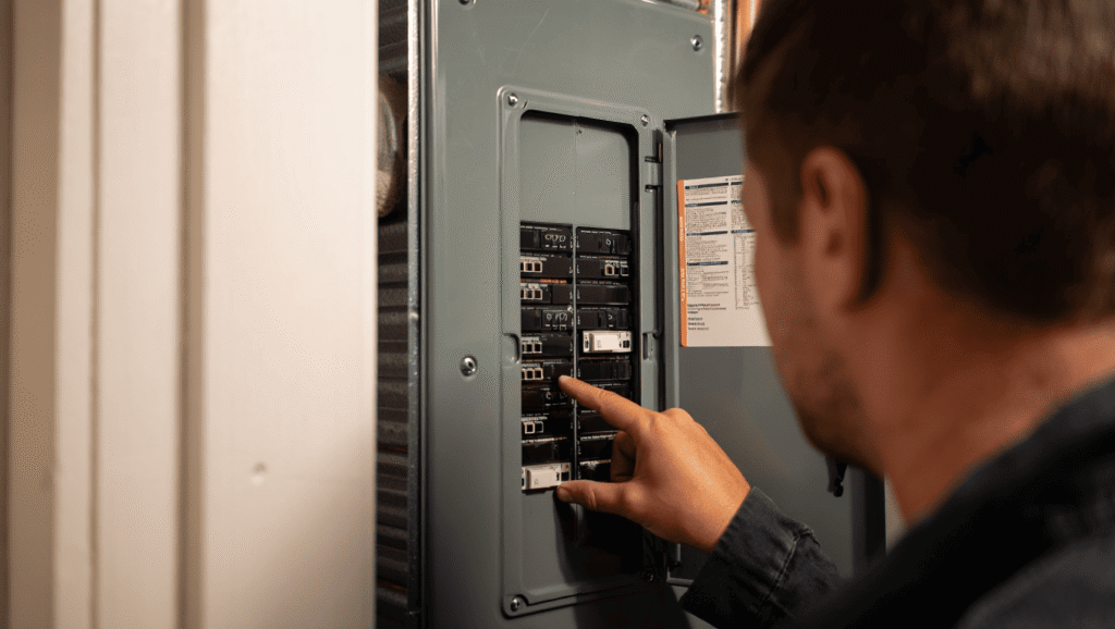 Homeowner looking at a tripped circuit breaker in the electrical panel
