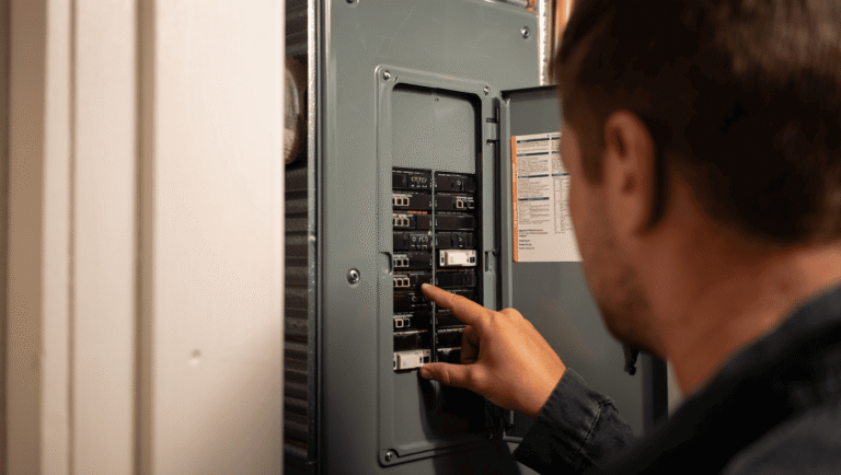 Homeowner looking at a tripped circuit breaker in the electrical panel