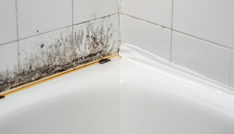 Cracked moldy old bathtub caulk next to a fresh new white silicone bead in a bathroom corner