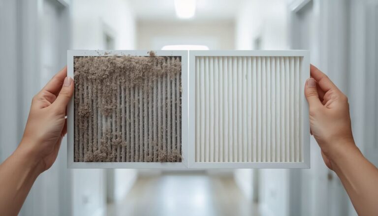 Homeowner holding a dirty old HVAC air filter next to a clean replacement filter
