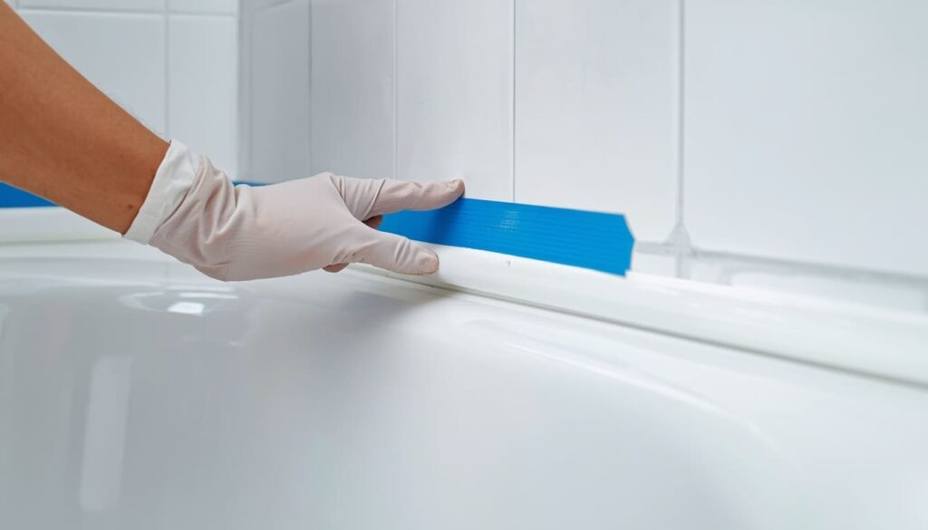 Gloved hand smoothing a fresh white silicone caulk bead along the bathtub and tile seam