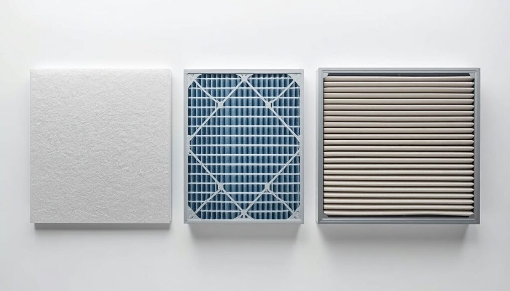 Three different HVAC air filter types shown side by side — fiberglass, standard pleated, and thick 4-inch pleated
