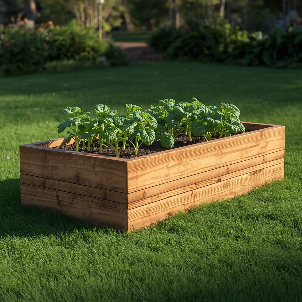 Finished cedar raised garden bed with vegetables growing in a sunny backyard