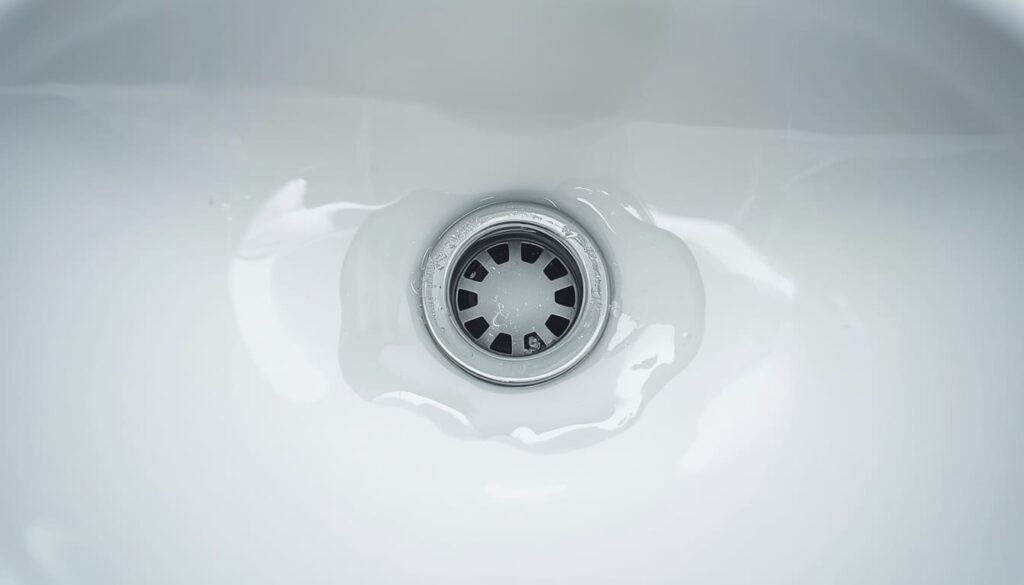 Standing water in a bathroom sink indicating a clogged drain