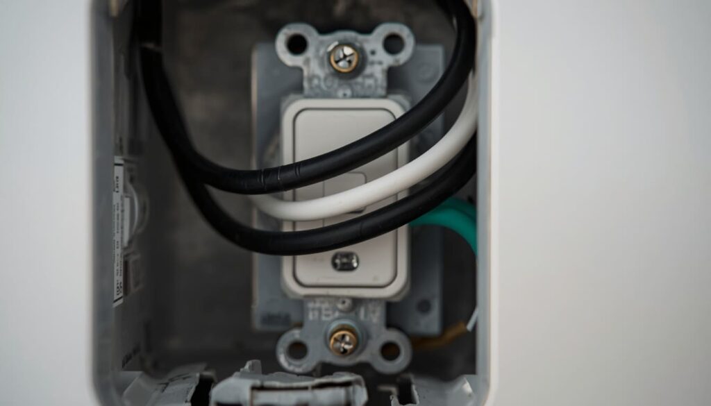 Inside of a residential electrical box showing a light switch with black, white, and ground wires attached to terminal screws