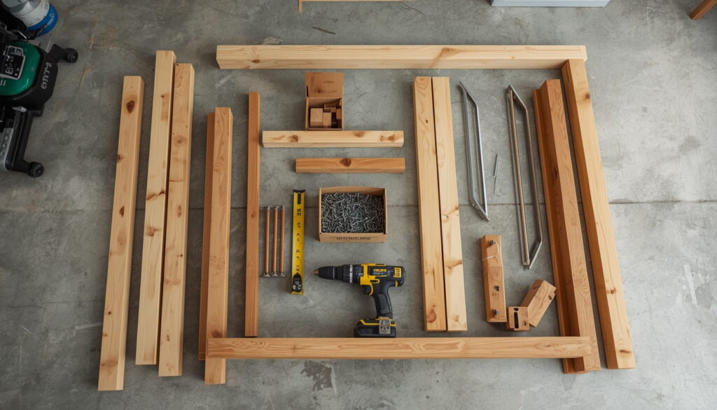 Materials needed to build a raised garden bed including cedar boards, screws, drill, and corner brackets