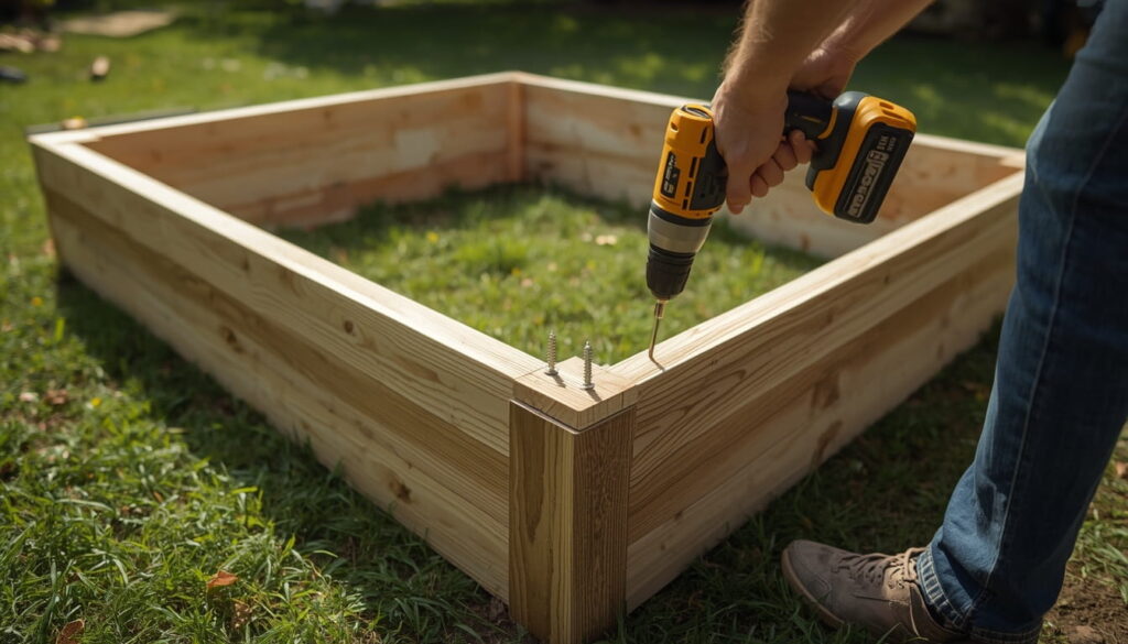 Person using a drill to assemble a wooden raised garden bed frame in the backyard