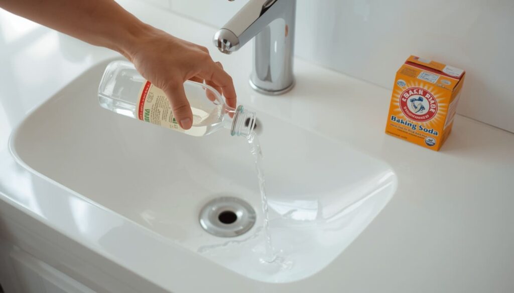Pouring baking soda and vinegar into a bathroom drain to break up a clog