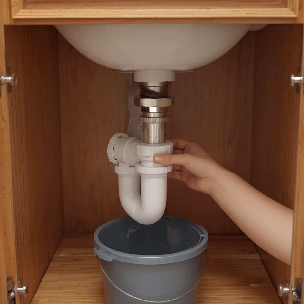 Hands removing a plastic P-trap under a bathroom sink to clear a clog