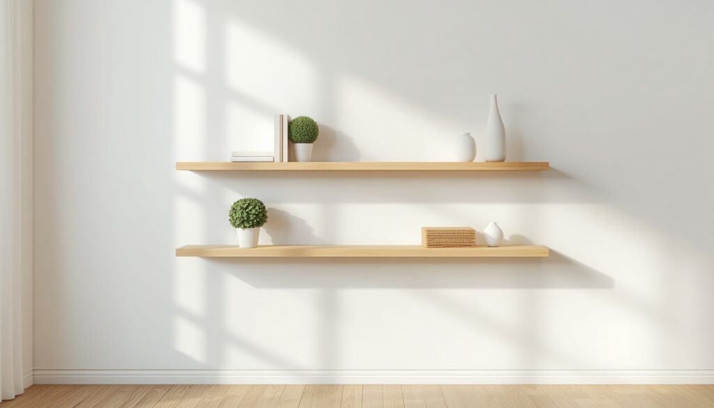 Two wooden floating shelves mounted on a white wall in a bright modern living room