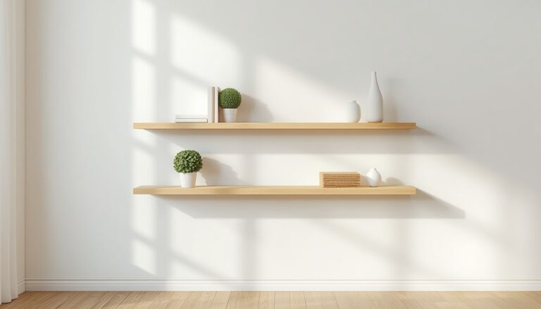 Two wooden floating shelves mounted on a white wall in a bright modern living room