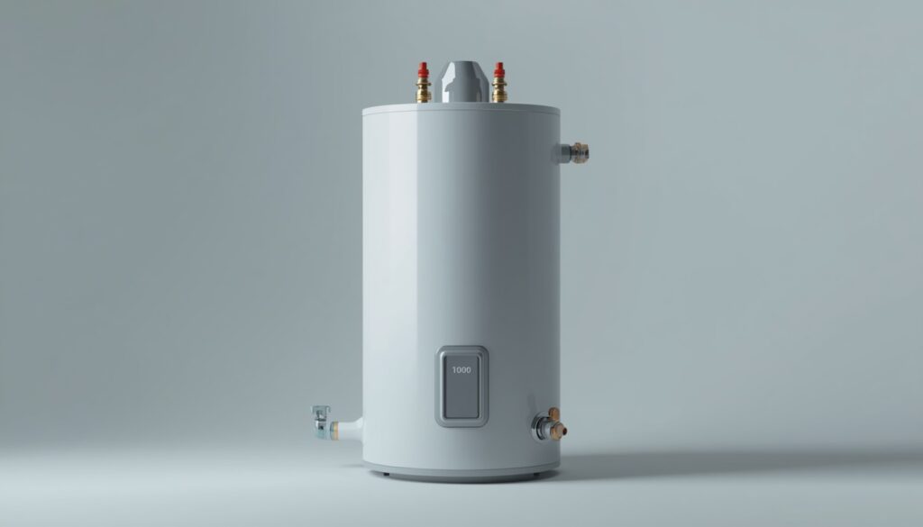 Residential tank water heater showing the T&P valve, drain valve, cold inlet, and hot outlet pipe locations