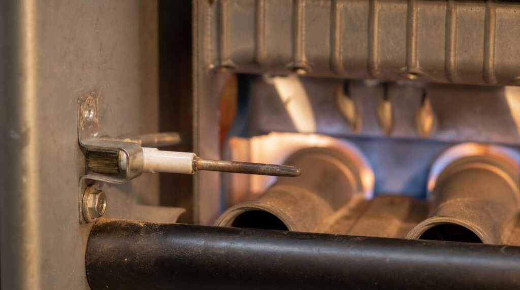 Furnace flame sensor rod located near the burner assembly inside a residential gas furnace