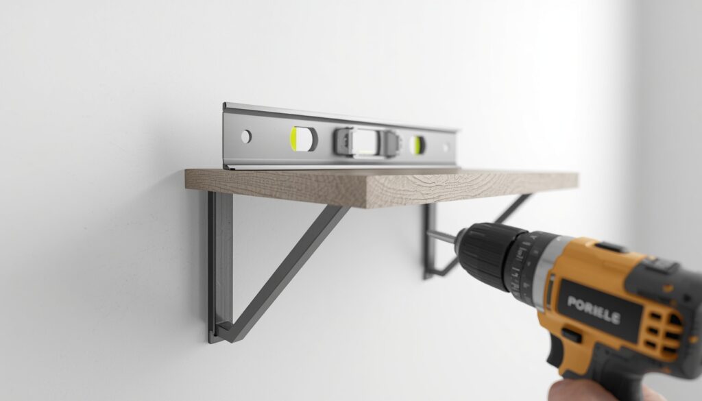 Drilling a floating shelf bracket into a wall stud with a power drill while checking level