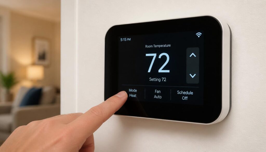 Digital thermostat set to Heat mode with temperature set higher than room temperature