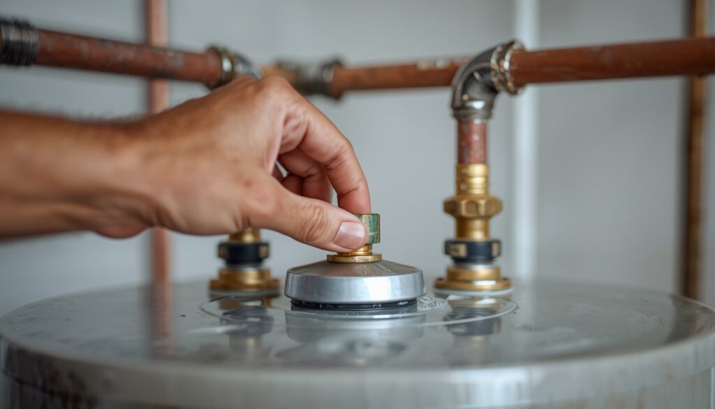 Homeowner turning off the cold water shutoff valve on top of a water heater to stop the leak
