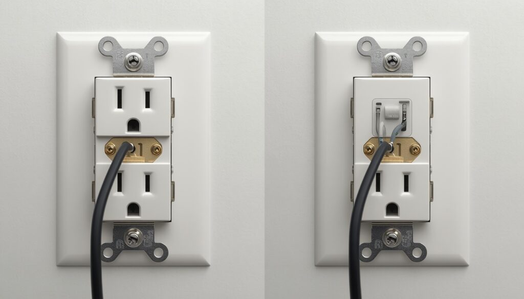Comparison of an old outlet with backstab wiring versus a new outlet with proper screw terminal wire connections