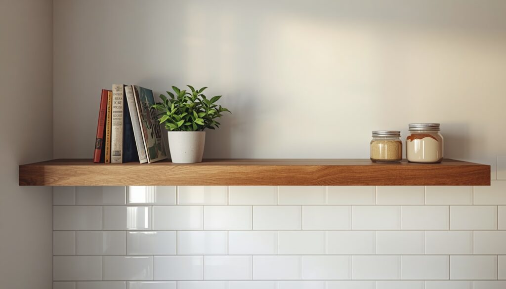 Finished floating shelf in a kitchen holding books, a plant, and jars with no visible mounting hardware