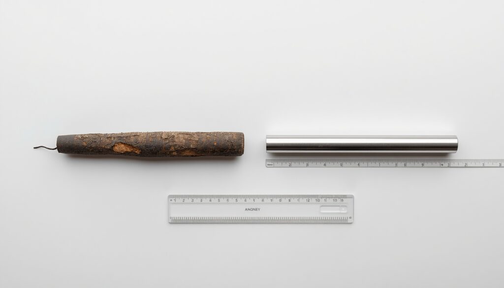 Heavily corroded depleted anode rod shown next to a brand new replacement anode rod