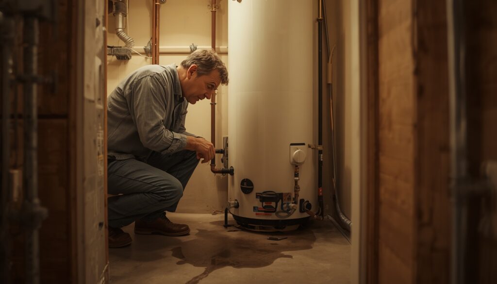 Homeowner discovering a water puddle on the floor next to a leaking water heater