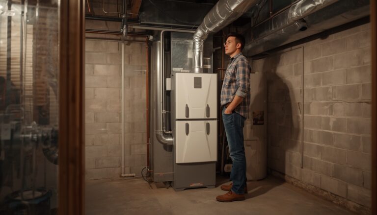 Homeowner inspecting a residential gas furnace that is not turning on in a basement utility room