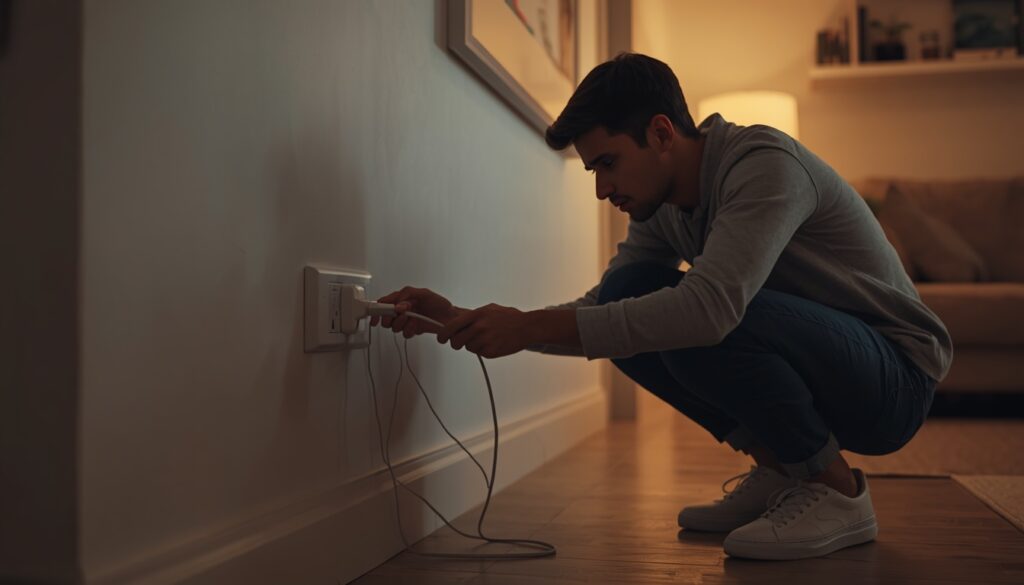 Person trying to plug a charger into a dead electrical outlet in a home living room