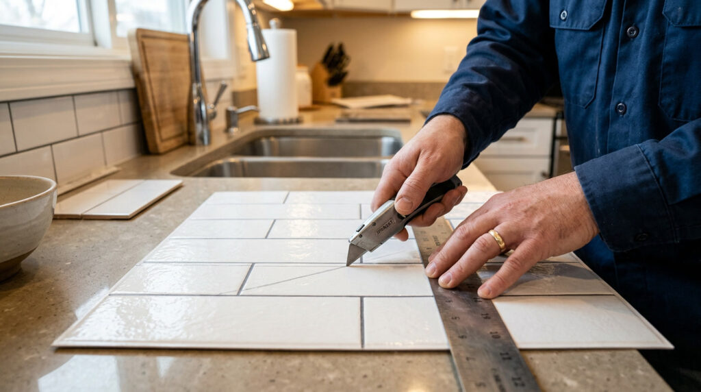 Cutting a peel-and-stick backsplash tile to size using a utility knife and straight edge