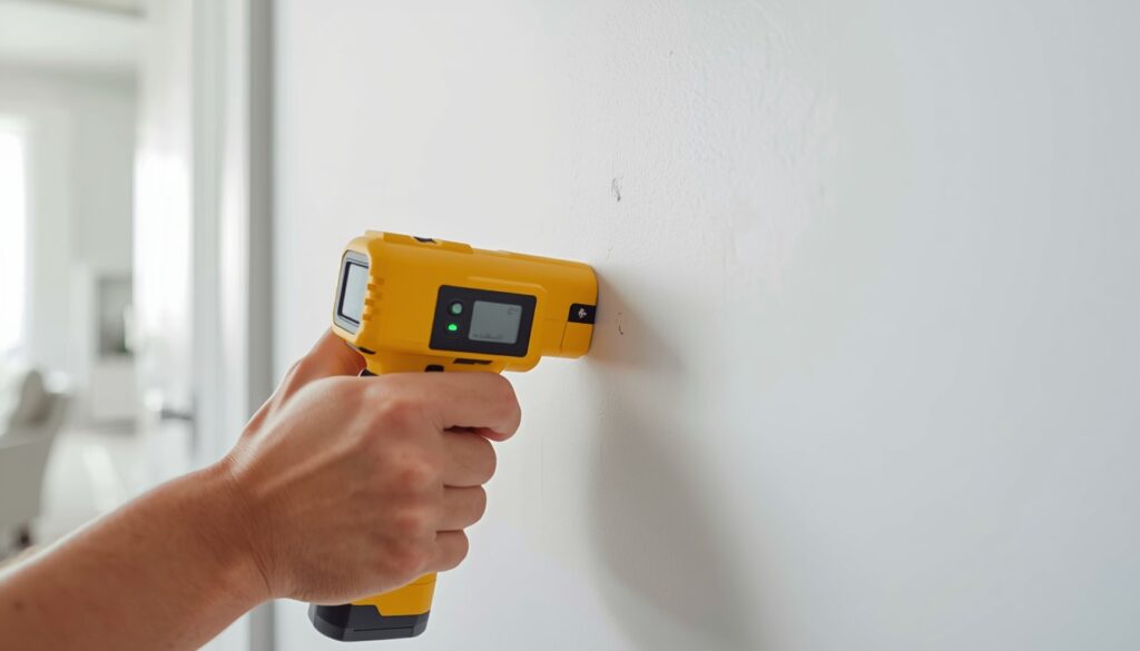 Using a stud finder on a drywall wall and marking stud locations with pencil before installing floating shelves