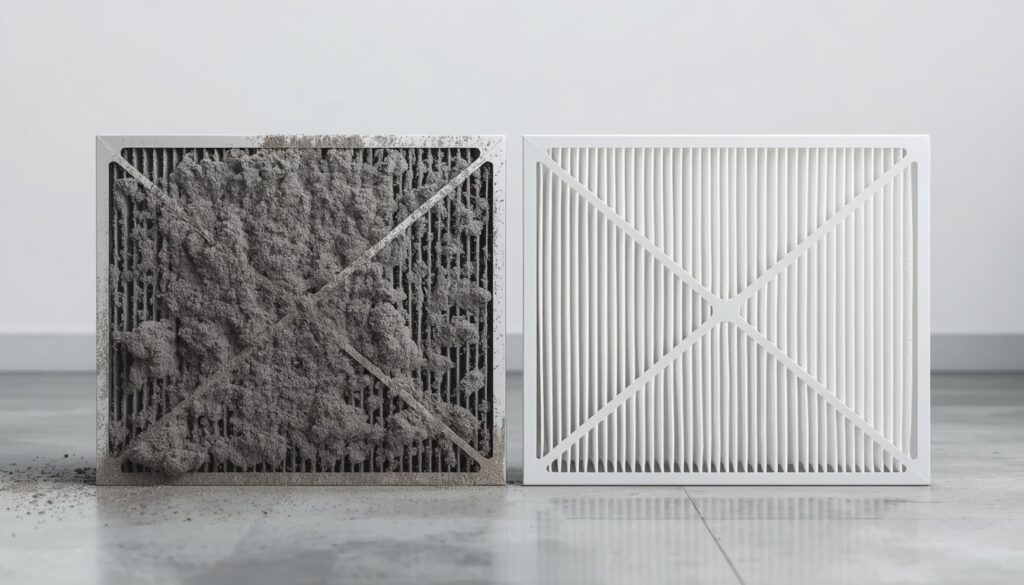 Clogged dirty furnace air filter next to a clean new replacement filter