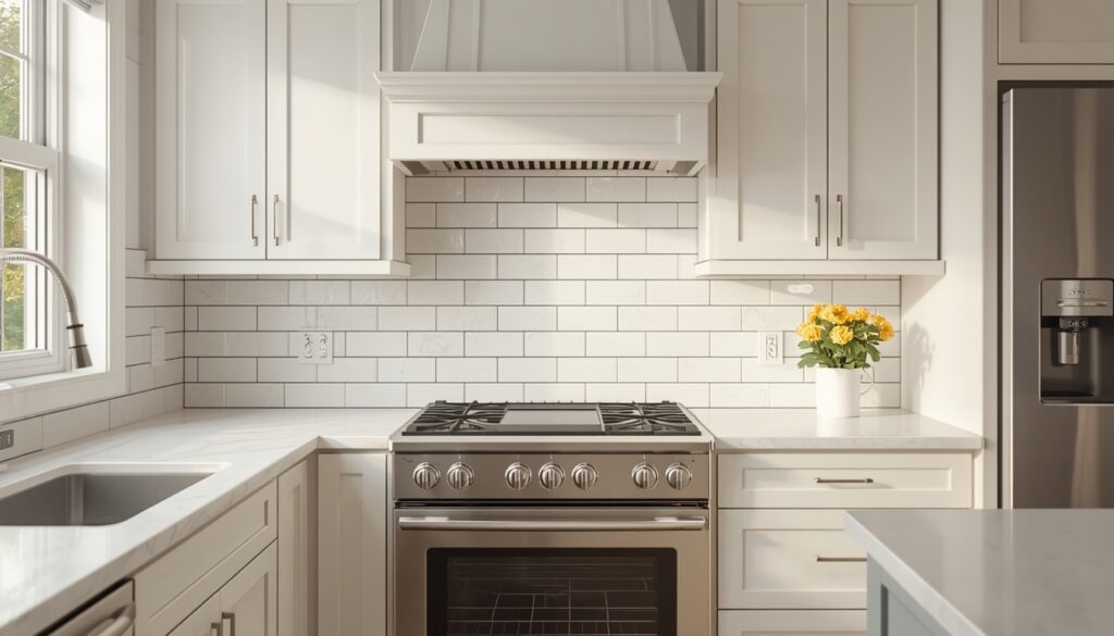 Bright modern kitchen with freshly installed white peel-and-stick subway tile backsplash